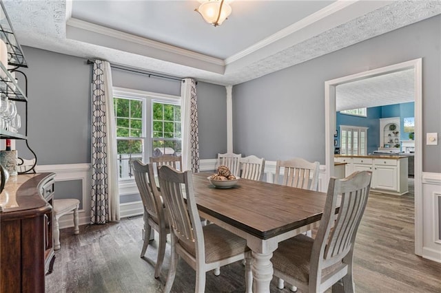 340 Chandler Ct, Sugar Hill, GA 30518 - dining room with light wood finished floors, a tray ceiling, ornamental molding, and a wainscoted wall