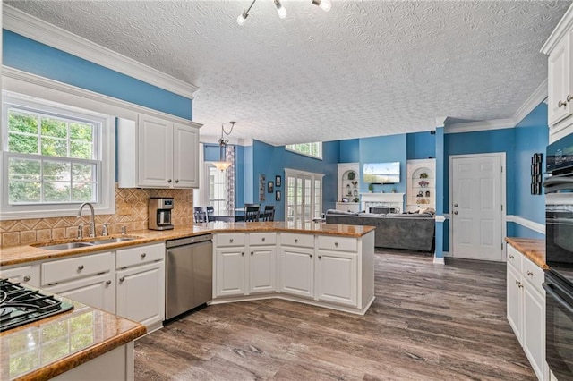 340 Chandler Ct, Sugar Hill, GA 30518 - kitchen with stainless steel dishwasher, a sink, a peninsula, white cabinets, and a textured ceiling