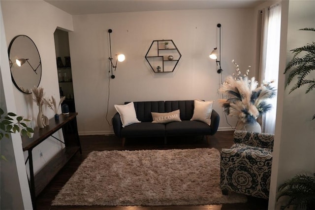 living room with dark hardwood / wood-style flooring