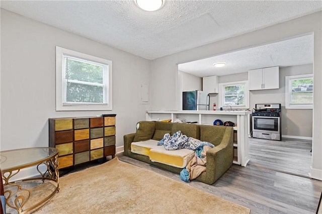 living area featuring a textured ceiling, light wood-style flooring, and baseboards