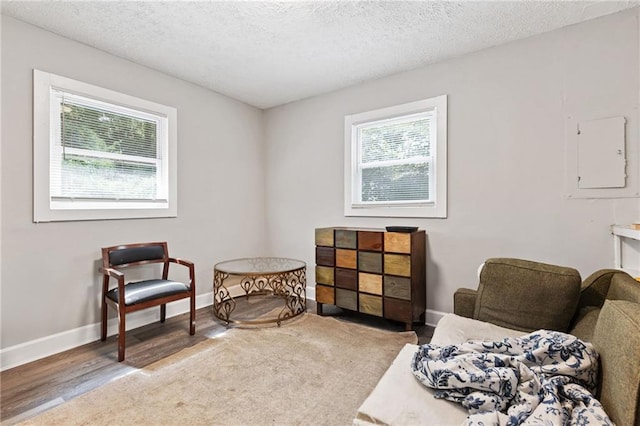 living area featuring electric panel, baseboards, a textured ceiling, and wood finished floors