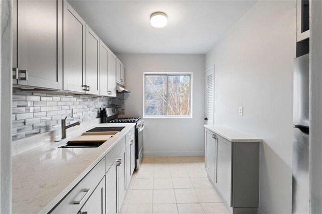 91 Rumson Rd Unit C 30, Atlanta, GA 30305 - kitchen featuring gas range oven, under cabinet range hood, a sink, decorative backsplash, and baseboards
