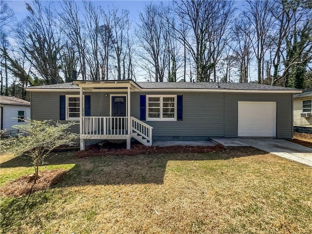 ranch-style home featuring concrete driveway, an attached garage, a front yard, and crawl space