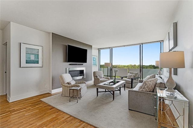 living room with floor to ceiling windows and hardwood / wood-style floors