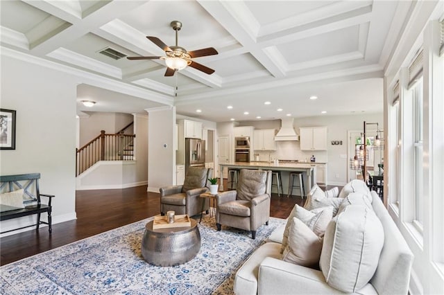 4972 Park Vale Dr, Sugar Hill, GA 30518 - living area with recessed lighting, stairs, a ceiling fan, dark wood-style floors, and coffered ceiling