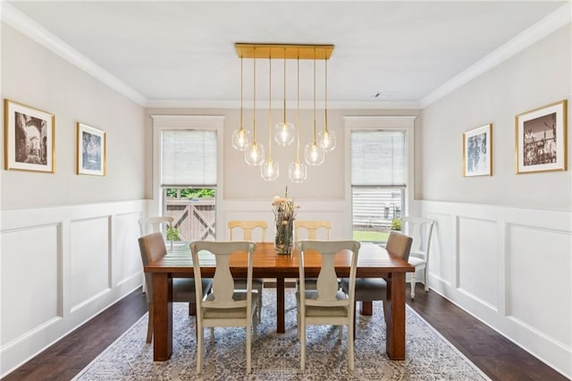 4972 Park Vale Dr, Sugar Hill, GA 30518 - dining space with plenty of natural light, a decorative wall, crown molding, a wainscoted wall, and dark wood finished floors