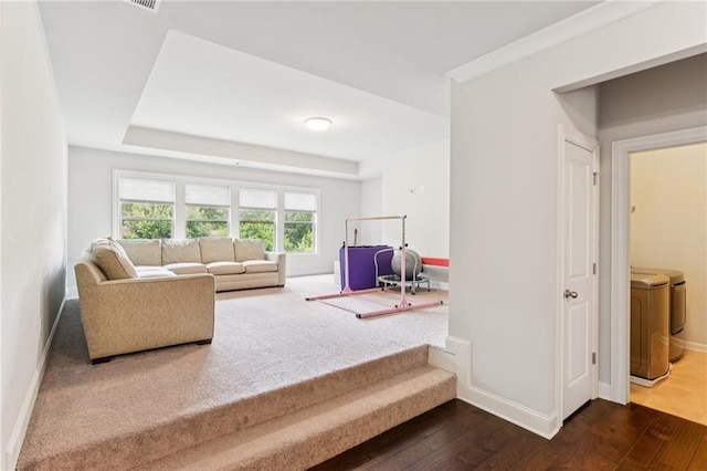 4972 Park Vale Dr, Sugar Hill, GA 30518 - living room featuring washing machine and dryer and dark wood-type flooring