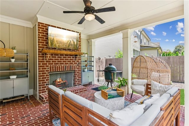 4972 Park Vale Dr, Sugar Hill, GA 30518 - view of patio featuring an outdoor living space with a fireplace, area for grilling, and a ceiling fan