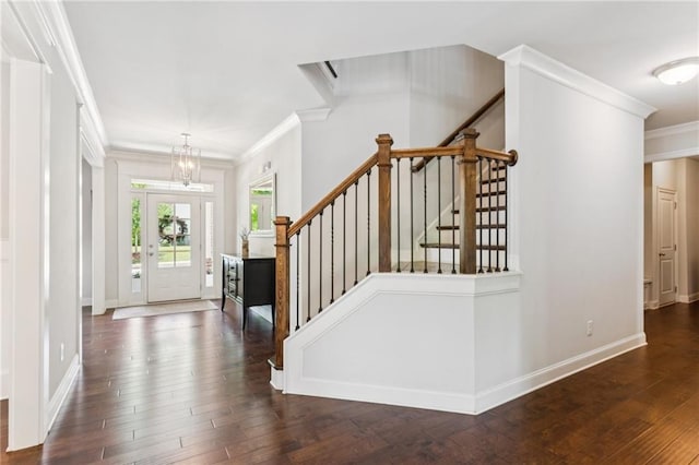 4972 Park Vale Dr, Sugar Hill, GA 30518 - entrance foyer with ornamental molding, stairway, hardwood / wood-style floors, and a chandelier