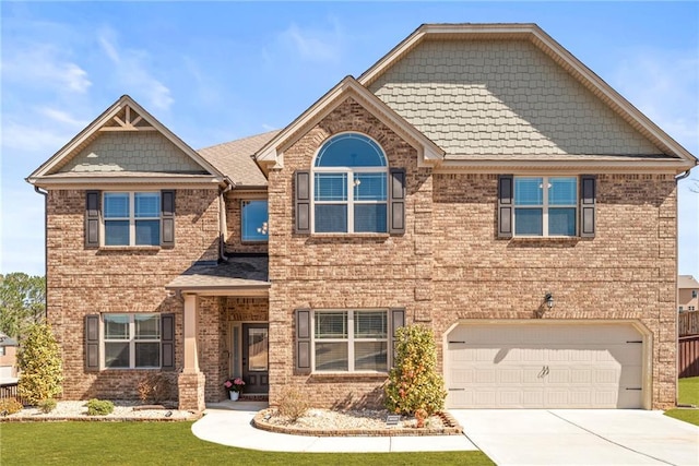 craftsman-style home with concrete driveway, a garage, brick siding, and a front lawn