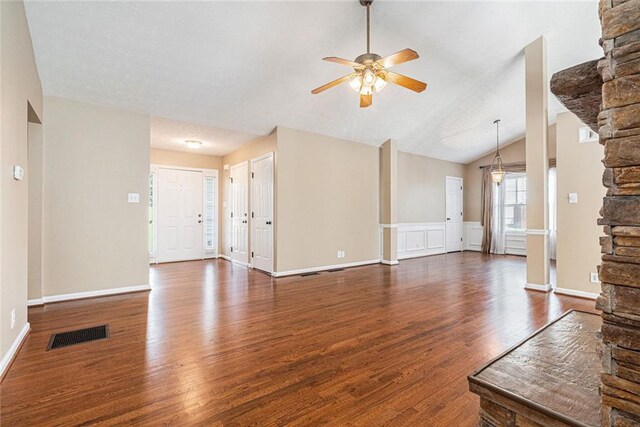 6411 Compass Dr, Flowery Branch, GA 30542 - unfurnished living room with a ceiling fan, wood finished floors, and lofted ceiling