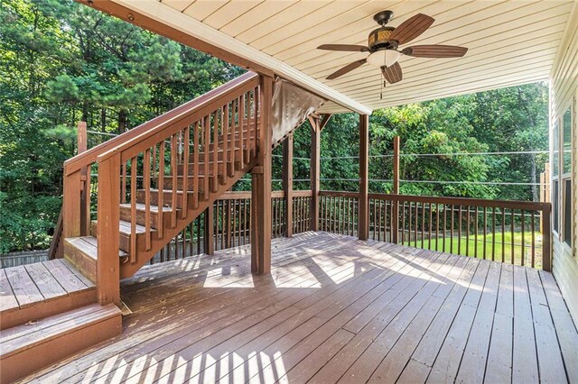 6411 Compass Dr, Flowery Branch, GA 30542 - wooden terrace with stairs and a ceiling fan