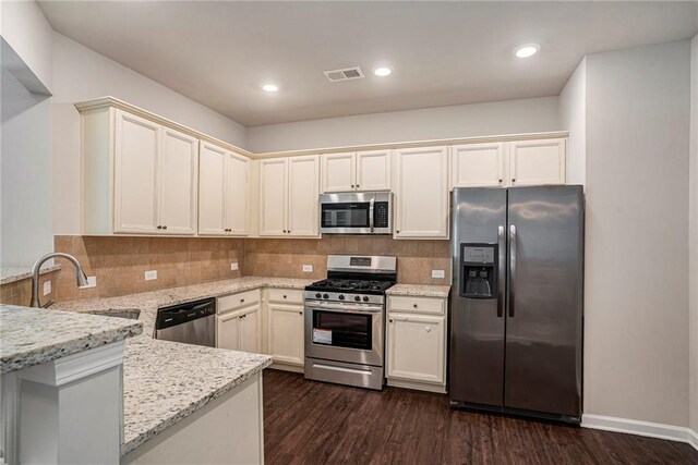 kitchen featuring a sink, light stone countertops, stainless steel appliances, and dark wood-type flooring