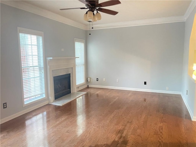 795 Abbotts Mill Ct Unit 73, Johns Creek, GA 30097 - unfurnished living room featuring a ceiling fan, ornamental molding, wood finished floors, and a fireplace
