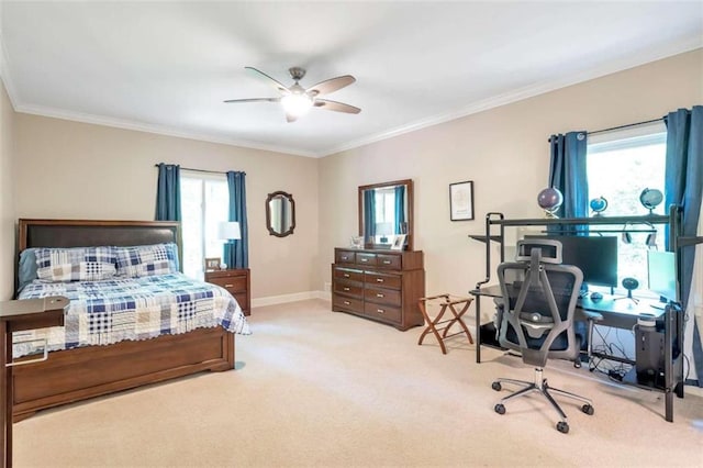 bedroom featuring crown molding, multiple windows, carpet floors, and ceiling fan