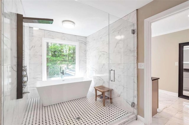 bathroom with shower with separate bathtub, tile patterned floors, and tile walls