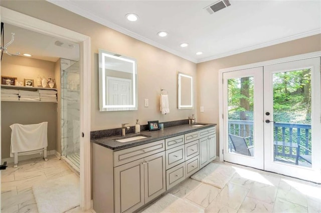 bathroom featuring walk in shower, tile patterned flooring, french doors, and double vanity