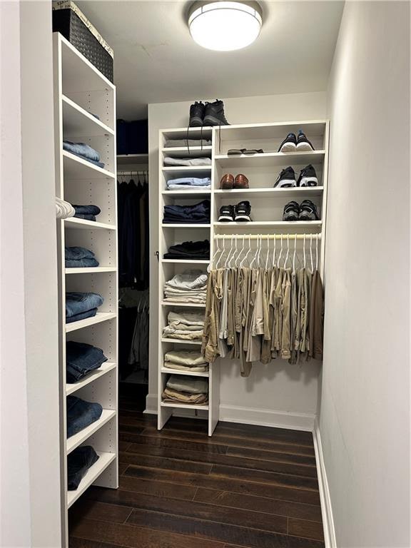 walk in closet with wood-type flooring