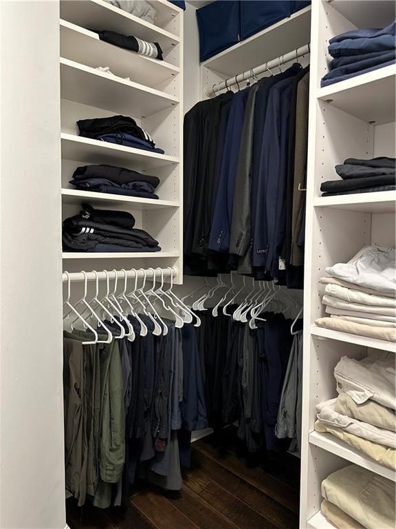 walk in closet with hardwood / wood-style floors