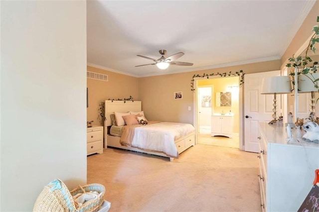 carpeted bedroom with connected bathroom, crown molding, and ceiling fan