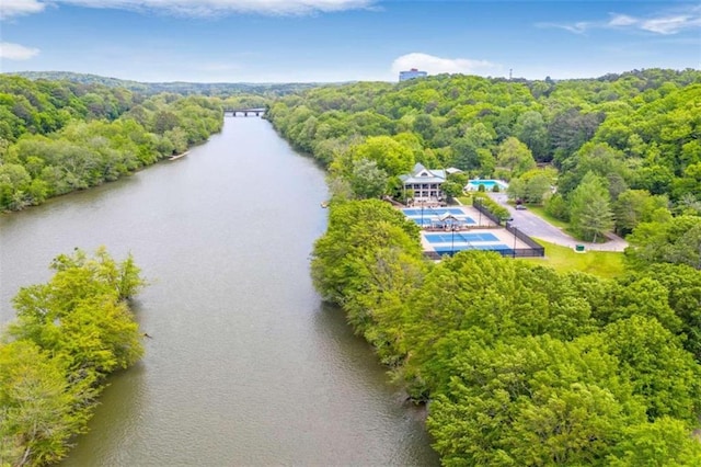 drone / aerial view with a water view