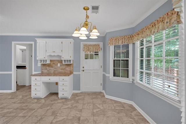 4181 Singing Post Ln NE, Roswell, GA 30075 - kitchen featuring a chandelier, decorative backsplash, white cabinets, crown molding, and baseboards