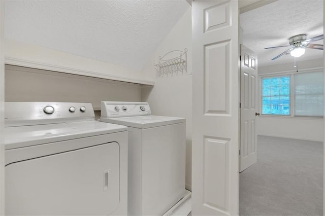 4181 Singing Post Ln NE, Roswell, GA 30075 - laundry room with a textured ceiling, washer and clothes dryer, a ceiling fan, and light carpet