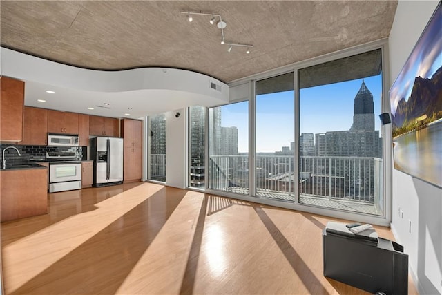 interior space featuring floor to ceiling windows, sink, and light wood-type flooring