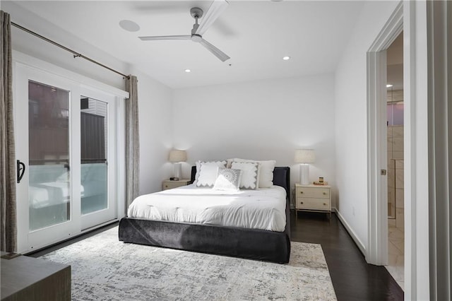 bedroom featuring access to outside, dark wood finished floors, recessed lighting, baseboards, and ceiling fan