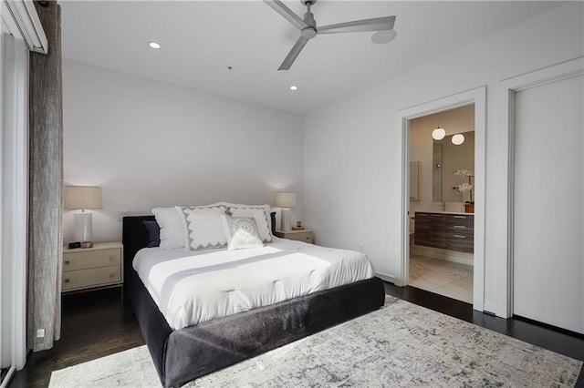 bedroom featuring recessed lighting, ensuite bath, and ceiling fan