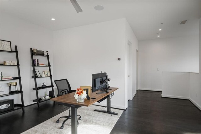 home office featuring ceiling fan, a healthy amount of sunlight, dark hardwood / wood-style floors, and french doors