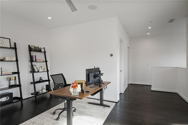 office featuring recessed lighting, wood finished floors, visible vents, and baseboards