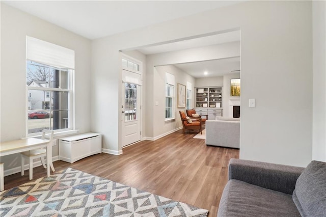 living room with light hardwood / wood-style floors and built in features