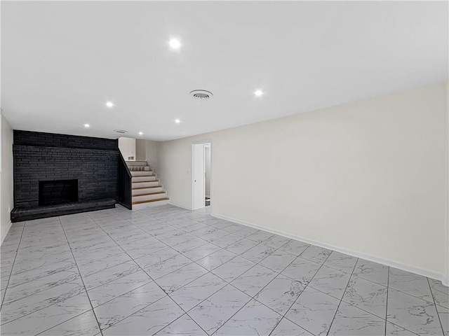 466 Thackery Pl SW, Atlanta, GA 30311 - unfurnished living room featuring light marble finish floors, stairs, recessed lighting, and baseboards