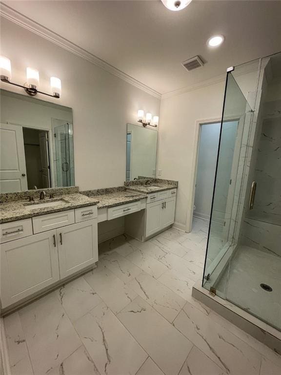 bathroom featuring an enclosed shower, crown molding, and vanity