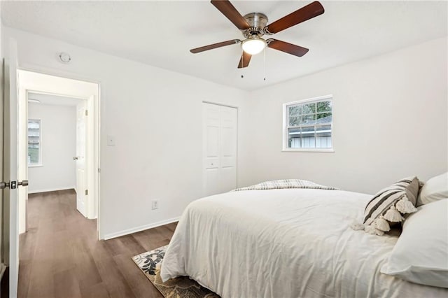 bedroom featuring a ceiling fan, baseboards, dark wood finished floors, and a closet