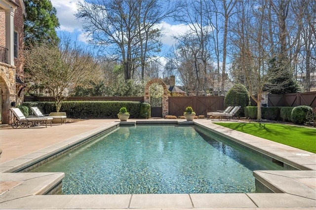 view of pool featuring a fenced backyard and a patio