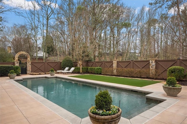 view of pool featuring a fenced backyard and a patio area