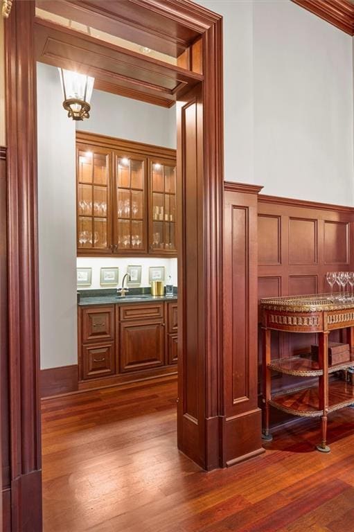bar area with dark wood-style flooring, wainscoting, a sink, and a decorative wall