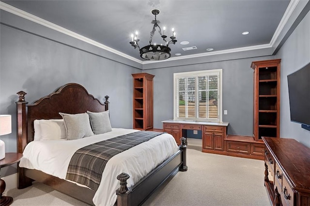 carpeted bedroom featuring a chandelier and crown molding