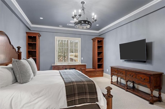 bedroom featuring a chandelier, light carpet, ornamental molding, recessed lighting, and baseboards