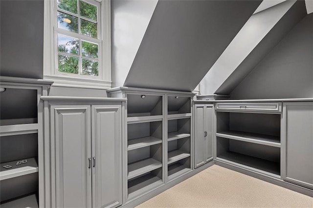 spacious closet with vaulted ceiling and carpet floors