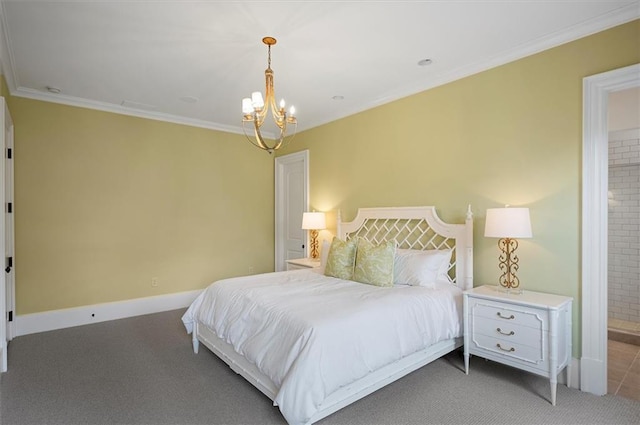 carpeted bedroom featuring a chandelier, ornamental molding, and baseboards