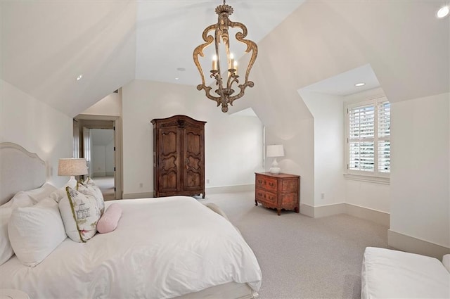 bedroom featuring lofted ceiling, carpet floors, a chandelier, baseboards, and recessed lighting