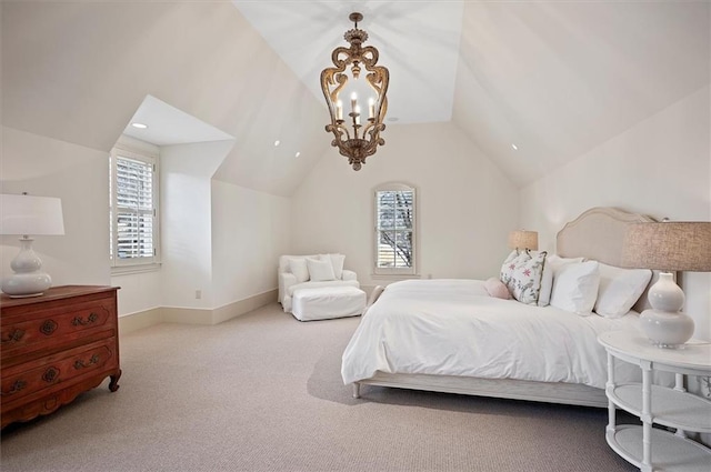 carpeted bedroom featuring vaulted ceiling and baseboards