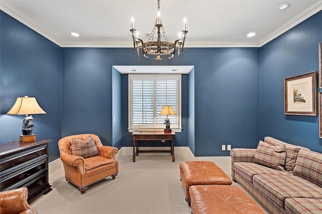 carpeted living area with a chandelier, ornamental molding, baseboards, and recessed lighting