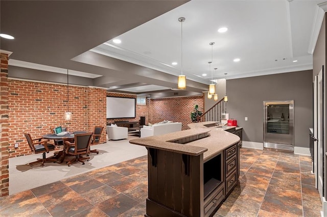 kitchen with recessed lighting, open floor plan, hanging light fixtures, a kitchen island with sink, and light stone countertops