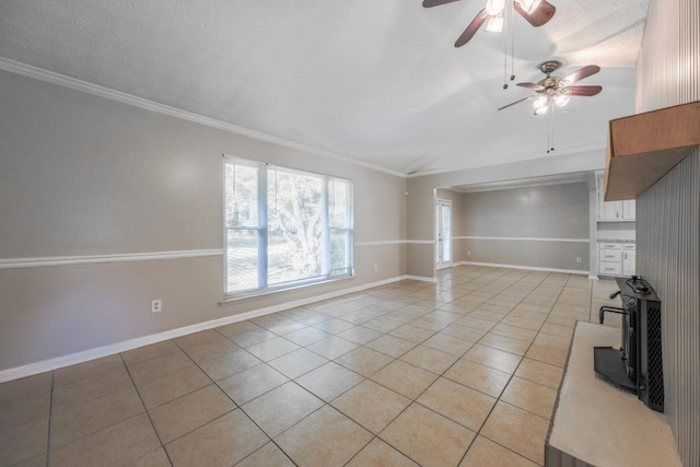 2173 Martin Way, Jonesboro, GA 30236 - unfurnished living room with light tile patterned floors, ceiling fan, baseboards, ornamental molding, and a textured ceiling