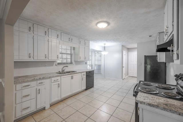 2173 Martin Way, Jonesboro, GA 30236 - kitchen featuring black appliances, a sink, under cabinet range hood, a textured ceiling, and white cabinetry