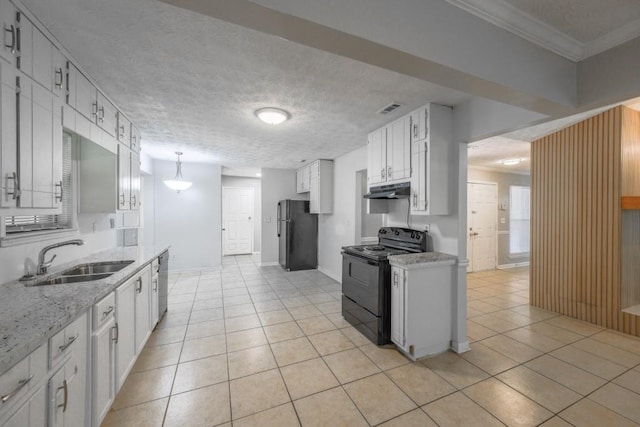 2173 Martin Way, Jonesboro, GA 30236 - kitchen with black appliances, a sink, light tile patterned floors, light stone countertops, and crown molding